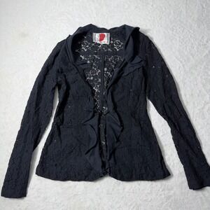 FREE PEOPLE Black Floral Lace One Button Front Top Coverup Ruffle Trim Size 6